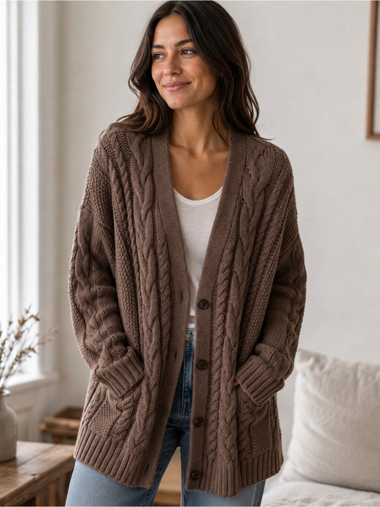 Quince Sweaters - Quince Cable Knit Cardigan Sweater - Brown size M